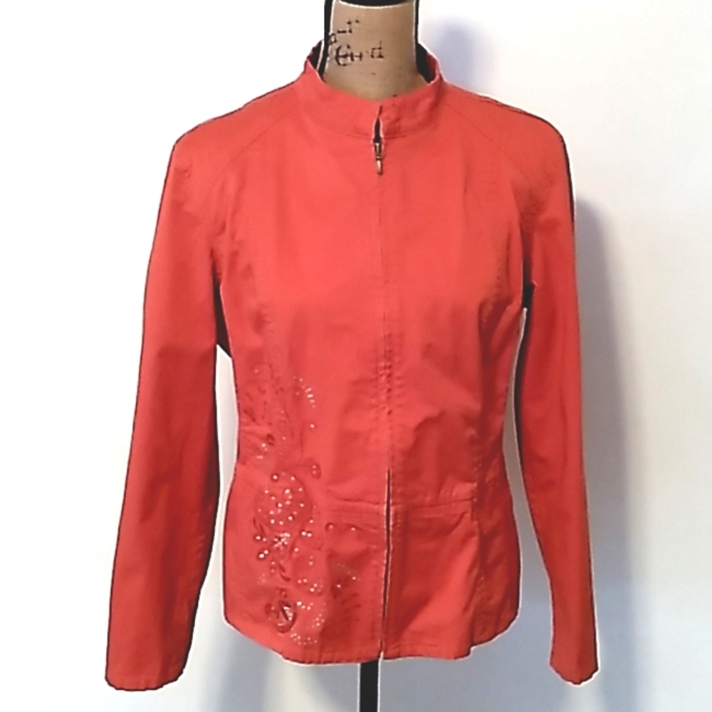 Chico’s Coral Orange 

Embellished Zip-Front Jacket